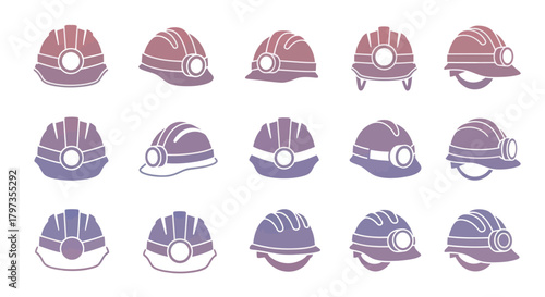 A collection of colorful gradient miners hard hats with headlamps presented as a vector icon set.