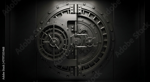 A detailed view of a vintage bank vault door with intricate mechanisms and a metallic finish