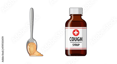 Cough Syrup Bottle and Spoon with Liquid Medicine.