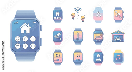 Smartwatch with Home Automation Icons and Features Displayed.