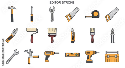 Diverse collection of colorful hand and power tools for home improvement and construction.