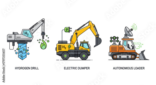 Three illustrations of modern construction vehicles: Hydrogen Drill Electric Dumper and Autonomous Loader.