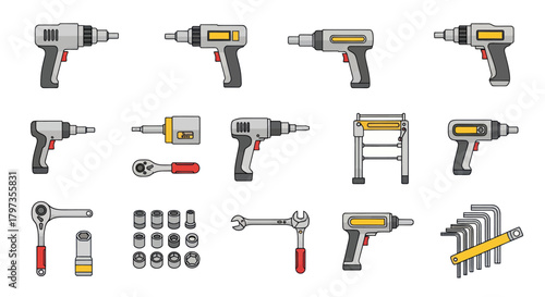 Diverse set of hand and power tools: cordless drills ratchet wrenches sockets adjustable wrench hex keys.