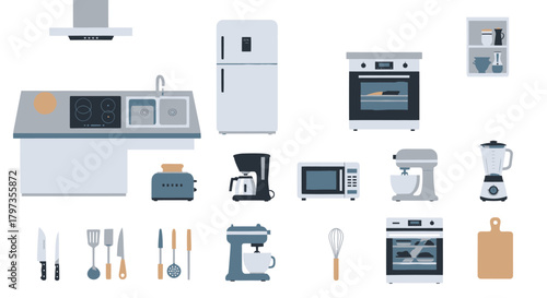 Assortment of Modern Kitchen Appliances and Utensils.