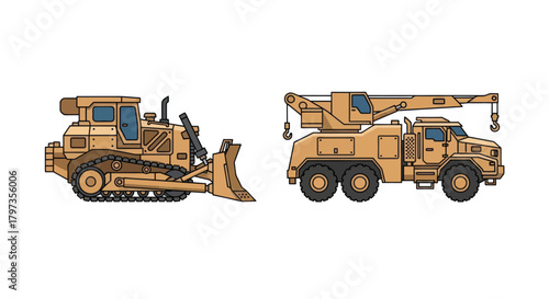 Heavy Construction Vehicles: Bulldozer and Mobile Crane Truck Illustrations.