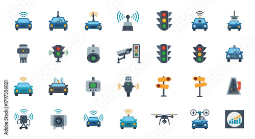 Collection of Colorful Vector Icons Representing Transportation and Technology.