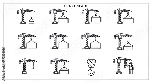 Collection of Industrial Tower Crane Icons with Various Loads and Operations.
