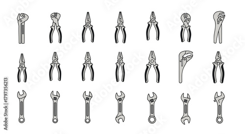 Collection of Hand Tools: Pliers Wrenches and Ratchet.
