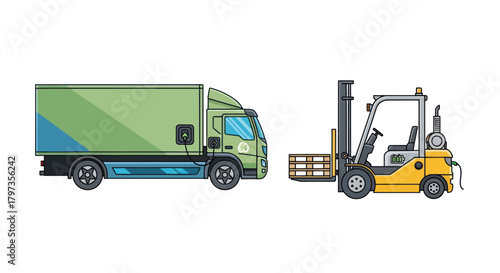 Green delivery truck and yellow forklift with pallet.