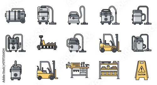 Collection of Industrial Cleaning and Material Handling Equipment Icons.