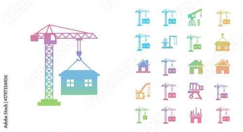 Colorful Construction Crane Lifting a House Icon Set.