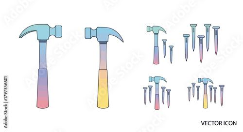Colorful Hammer and Nails Set Vector Illustration on White Background.