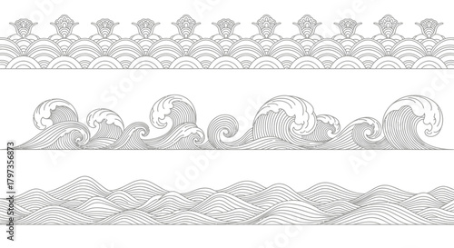 Three Monochrome Sea Wave Borders with Japanese Inspiration