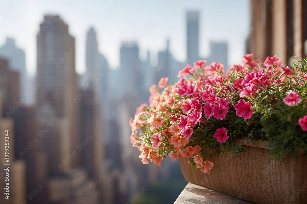 Obraz premium Vibrant pink flowers spill from a balcony planter, offering a burst of color against the blurred backdrop of a modern cityscape. Urban oasis, nature, growth, and tranquility.