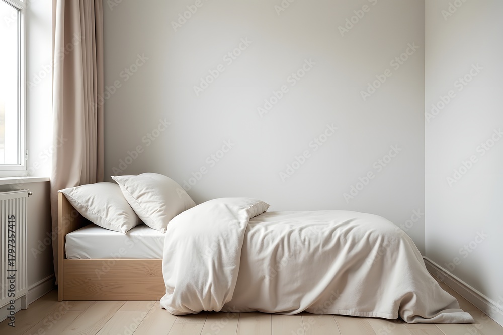 Naklejka premium A minimal sleeping corner with a single blanket and pillow, wide room shot.