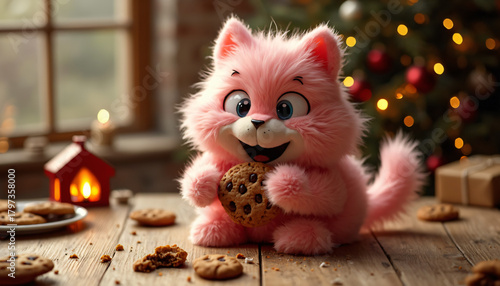 Pink cartoon cat with cookie