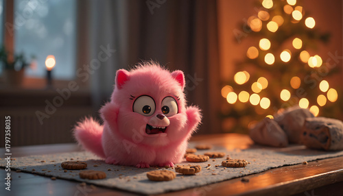 Pink cartoon cat with cookies and Christmas tree