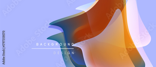 Abstract fluid shapes overlap, creating warm orange, cool blue gradients. Background design features soft color transitions, modern aesthetic.
