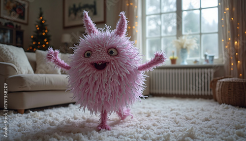 Pink fluffy creature in decorated room