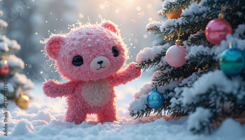 Pink Teddy Bear and Christmas Tree in Snow
