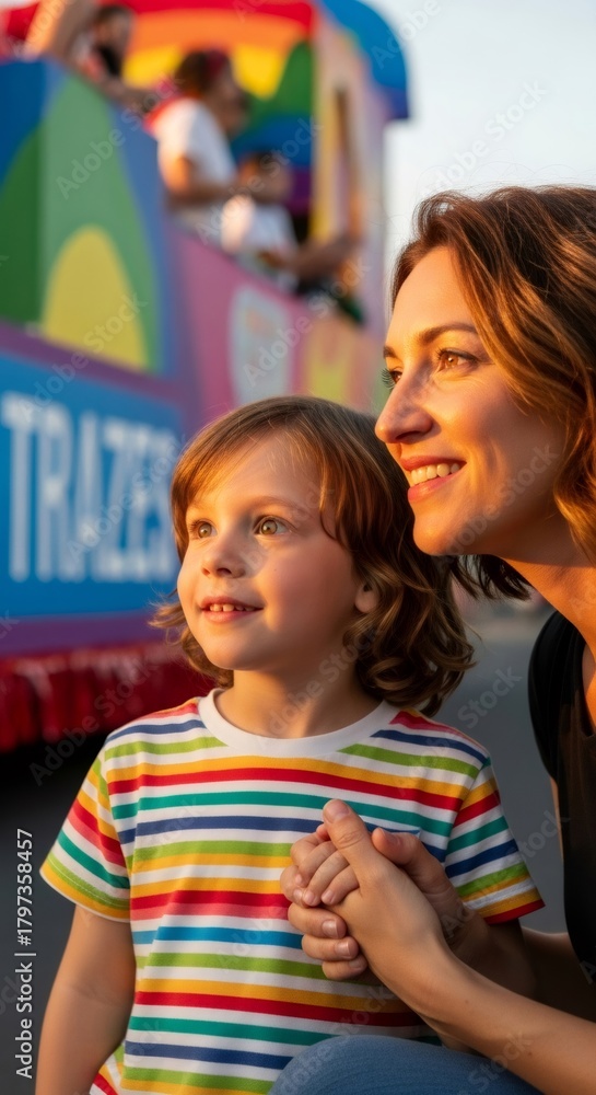 Fototapeta premium Woman and special needs kid gazing at a colorful parade float during World Autism Awareness Day. Support and inclusion for autistic child. Help and care for autistic people.