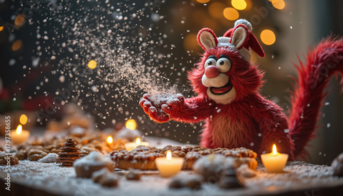 Red Cartoon Character with Santa Hat and Snow