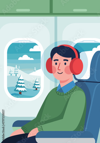 Man with red earmuffs sitting on an airplane enjoying the winter view through the window