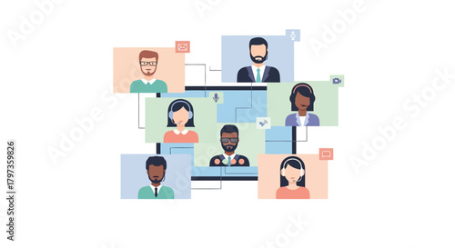 Illustration of diverse group of people participating in a video conference call