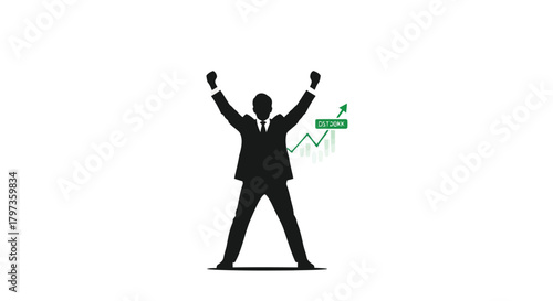 Illustration of silhouette of a businessman with arms raised in victory, , with a green upward trending stock graph and arrow indicating success
