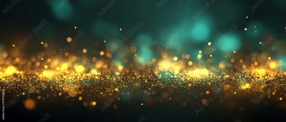 Obraz premium Teal and gold confetti background with bokeh effects, perfect for seasonal promotions, social media, and decorative content.