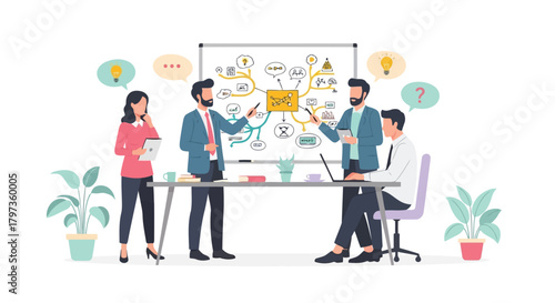 Illustration of team of business people collaborating on a mind map on a whiteboard during a meeting
