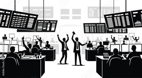 Illustration of stock market traders celebrating success in a busy trading floor with multiple screens showing financial data and charts