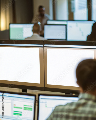 Multiple computer monitors display data in modern office environment with people working focused on screens