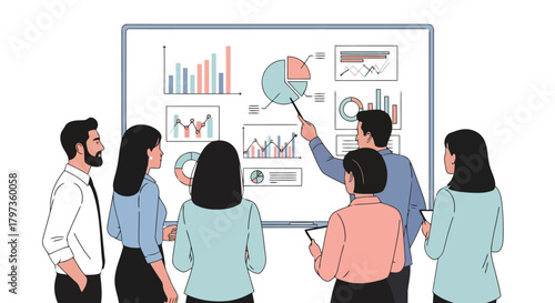 Illustration of business team gathered around a whiteboard presenting charts and graphs