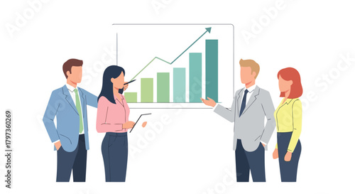 Illustration of business team presenting a growth chart on a whiteboard