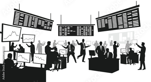 Illustration of silhouette of traders and stock market tickers in a busy trading floor