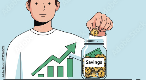 Illustration of man putting coin into savings jar with growing financial chart in background