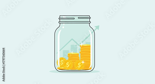 Illustration of a glass jar filled with stacks of gold coins and a rising graph indicating financial growth and investment