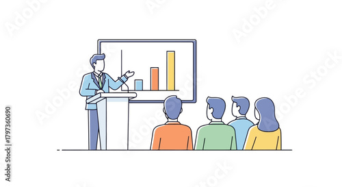 Illustration of a businessman presents a bar chart on a screen to an audience