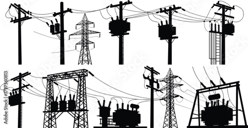 Silhouette vector illustration of electrical infrastructure—transformers, utility poles, transmission towers, substations, power grid layout for energy distribution and engineering reference
