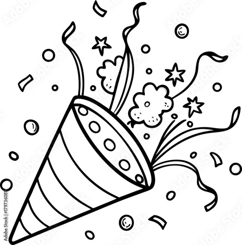  Party popper opening with confetti, thick outline ,coloring book vector, line art vector line art , black and white