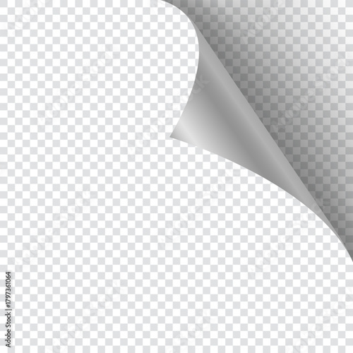 A silver page curl with a shadow on a blank sheet of paper. A realistic page curl mockup. Design element for advertising and promotion. Vector illustration.