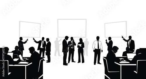 Illustration of business meeting with people silhouettes presenting ideas on whiteboards