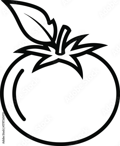 Simple outline drawing of a fresh ripe tomato with a leaf