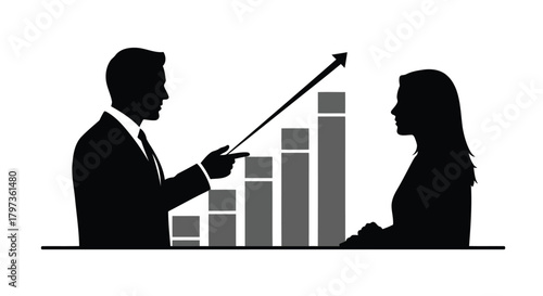 Illustration of business growth concept, man pointing at rising bar graph and arrow, woman observing