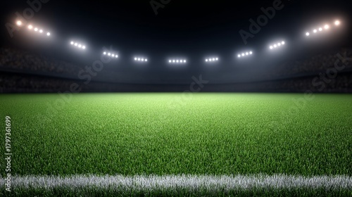 Soccer match under stadium floodlights lush green pitch sport environment dynamic viewpoint for spectators
