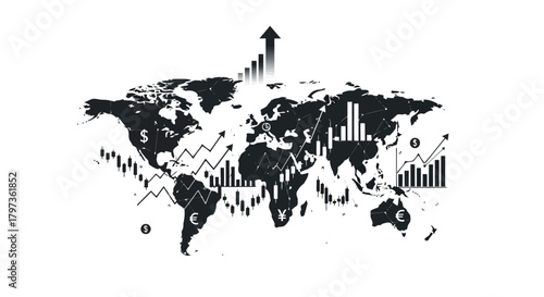 Illustration of global financial growth and economic progress represented by a world map with stock market charts and upward trending arrows