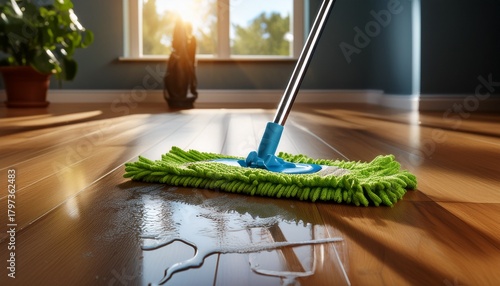 Wallpaper Mural cleaning with microfiber mop on laminate floor with water puddle Torontodigital.ca
