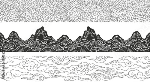 A collection of monochromatic seamless patterns featuring abstract art & scenery