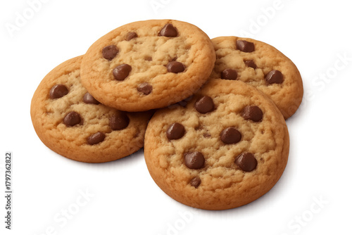 Chocolate chip cookies freshly baked, classic crunchy biscuit snack dessert with delicious chocolate chips, transparent background